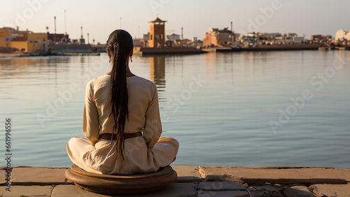 Frau am Hafen auf Stein in Yoga sitz mit Rückenansicht und Stadt im Hintergrund, ai generativ