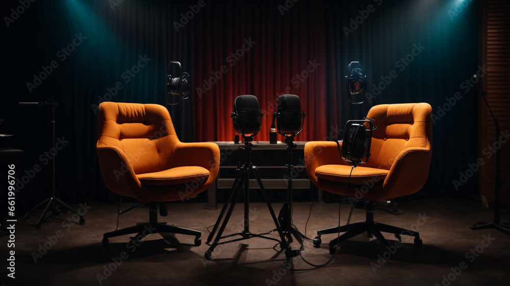 Podcasting, with two chairs and microphones set against a dark background. Podcasting, with two chairs and microphones set against a dark background.