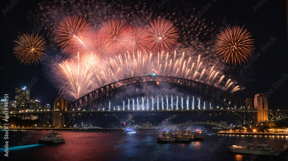 Fototapeta premium Stunning fireworks display over Harbour Bridge, with the bridge illuminated against the night sky as revelers welcome the new year.