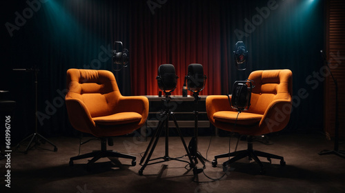 Podcasting, with two chairs and microphones set against a dark background.