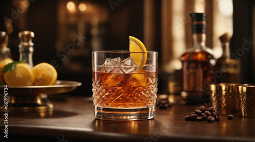 glass of whiskey, celebrates the use of bronze accents in serving an old fashioned.