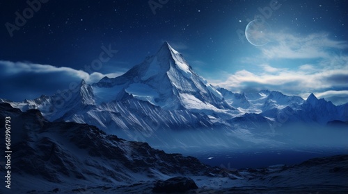 A bright moon illuminating a snow-covered mountain in an alpine climate.