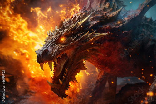 Close-up of a dragon's snout, tendrils of smoke escaping its nostrils. With a sudden burst, a torrent of flames engulfs the foreground, revealing the dragon's fierce and unyielding gaze