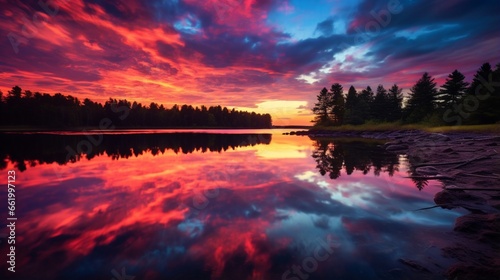 A calm lake reflecting the colors of a vibrant sunset.