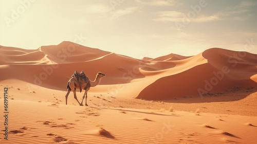Camel walking in the desert at sunset