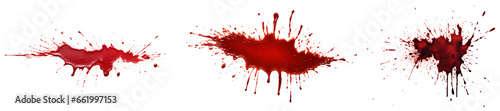 collection of red blood splatters, flowing bloody stains, splashes and drops. Trail and drips red blood close up. photo