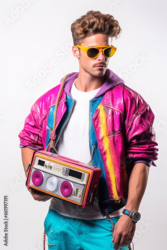Handsome young man on a white background with boombox in his hand. 80s and 90s fashion concept, vibrant colors.