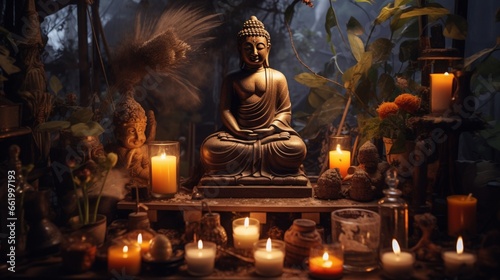 A candlelit shrine featuring a Buddha sculpture surrounded by incense.