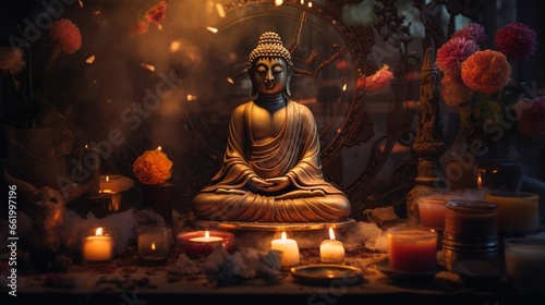 A candlelit shrine featuring a Buddha sculpture surrounded by incense.
