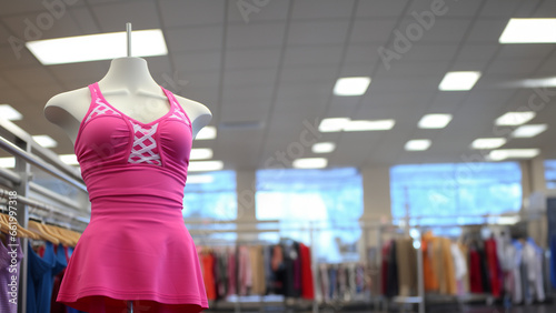 Modepuppe mit Sportoutfit in pink im Kaufhaus im Querformat für Banner, ai generativ photo