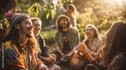 Group of young hippie friends in nature