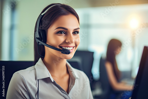 Call center agent with headset working on support hotline - AI Generated