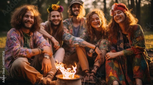 Group of young hippie friends in nature