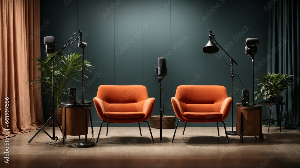Podcast or interview setup with chairs and microphones, with a designated area for text overlays.