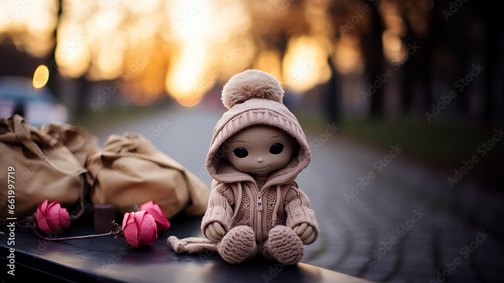 Naklejka premium Rosa Puppe sitzt auf der Sitzbank alleine im Querformat, ai generativ