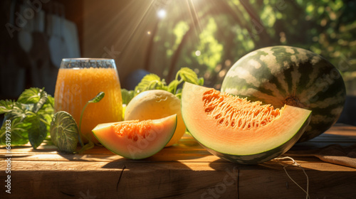 Cantaloupe smoothie on the table with organic farm background and morning sunrise. Created using generative AI.