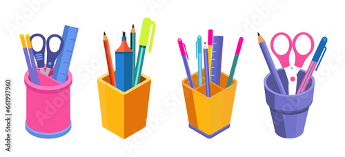 Collection of isometric pencil cups with office and school supplies, realistic stationery holder.
