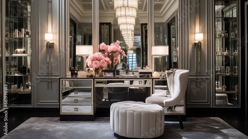 A chic and glamorous dressing room with mirrored walls, a vanity table, and luxurious seating, fit for a Hollywood star. photo