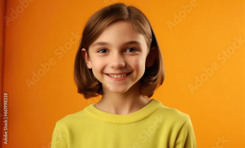 Happy teen girl against orange background in studio.