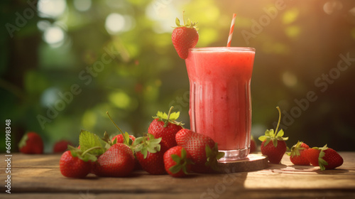 Strawberry smoothie on the table with organic farm background and morning sunrise. Created using generative AI.