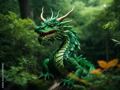Chinese green wood dragon statue  symbol of the 2024 year