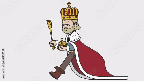 White male monarch runs holding scepter and orb in his hands. Looped 4K video with alpha-channel.
