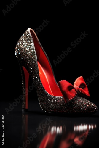 sparkly black stiletto high heels with red bottoms and red bow, black background, glamorous 