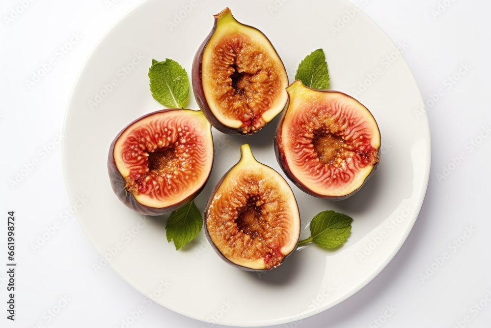 top view of beautiful appetizing figs on a white plate on a white background top view of beautiful appetizing figs on a white plate on a white background