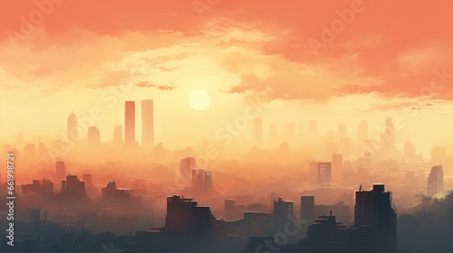 A cityscape shrouded in a hazy  heat-induced distortion  showcasing the effects of urban air thermal pollution.
