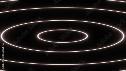 Black and white abstract glowing hoops lines in space. Retro stripes background 4k Disco music futuristic template