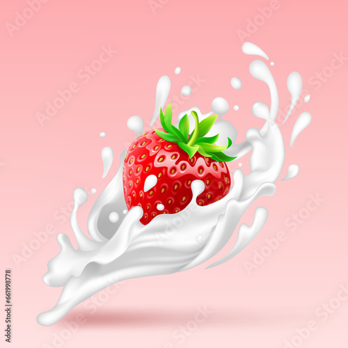 Strawberry in milk splash with drops. Fresh red ripe mellow berry on pink background. Realistic 3d isolated vector illustration