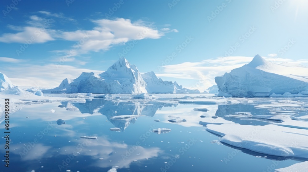 Snowy mountains reflected in calm water around ice floe