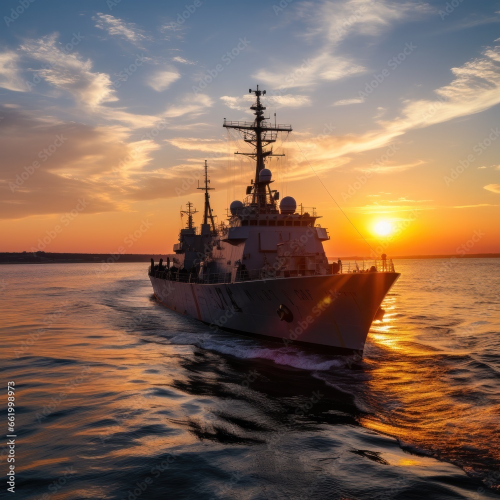 Sunset over a navy ship on the open sea