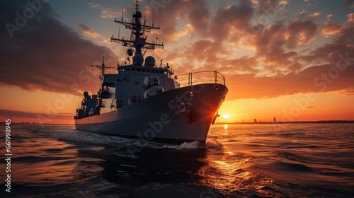 Sunset over a navy ship on the open sea