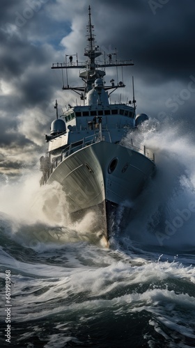 Warship sailing through rough waters