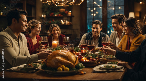 People in restaurant thanksgiving table  with guests sipping beverages and enjoying the warmth of each other s company.