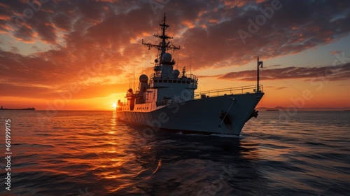 Sunset over a navy ship on the open sea