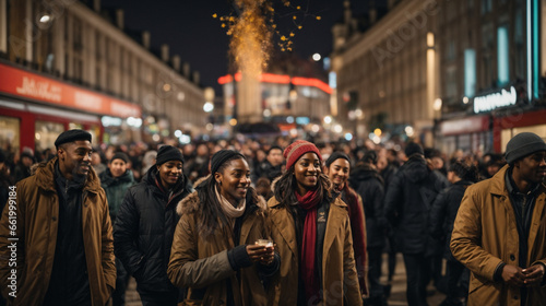 People walking on the street at night, spirit of Londoners as they come together to celebrate the new year.