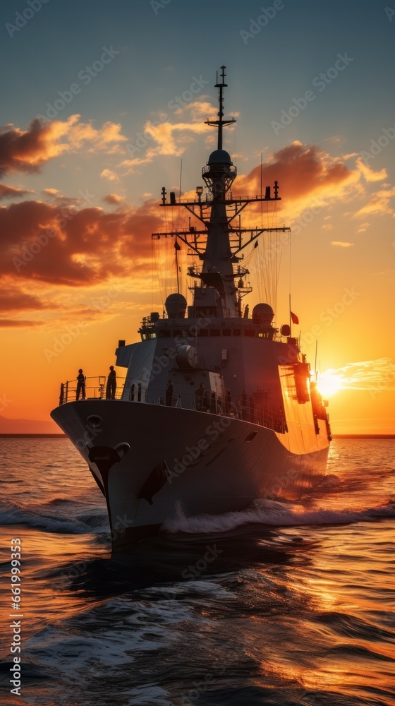 Sunset over a navy ship on the open sea