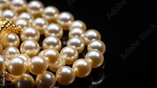 A close-up of a pearl necklace on a black background.