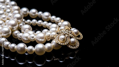 A close-up of a pearl necklace on a black background.