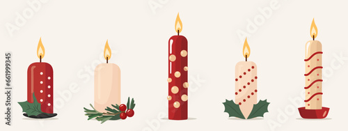 Set of traditional Christmas candles in red and beige color