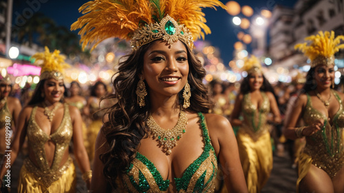 Portrait of a woman with a festive spirit of New Year's Eve carnival celebrations in Brazil, with elaborate costumes, samba dancing, and joyous crowds.