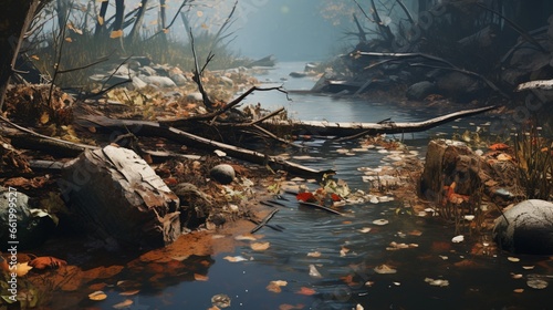 A close-up of a withered and polluted water body with floating debris.