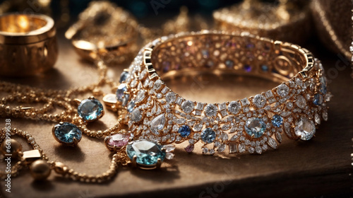Jewelry with focused lighting, capturing the intricate details and sparkling gems.