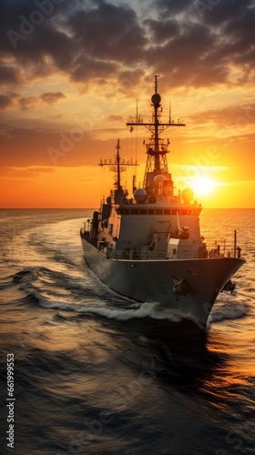 Sunset over a navy ship on the open sea