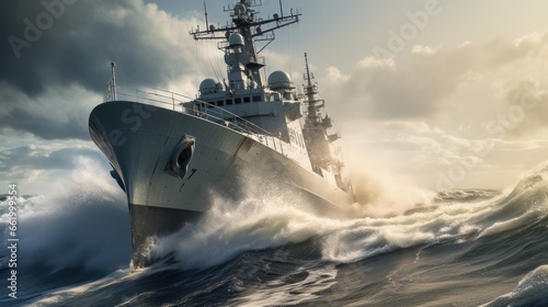 Warship sailing through rough waters