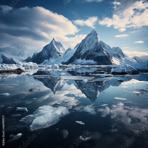 Snowy mountains reflected in calm water around ice floe