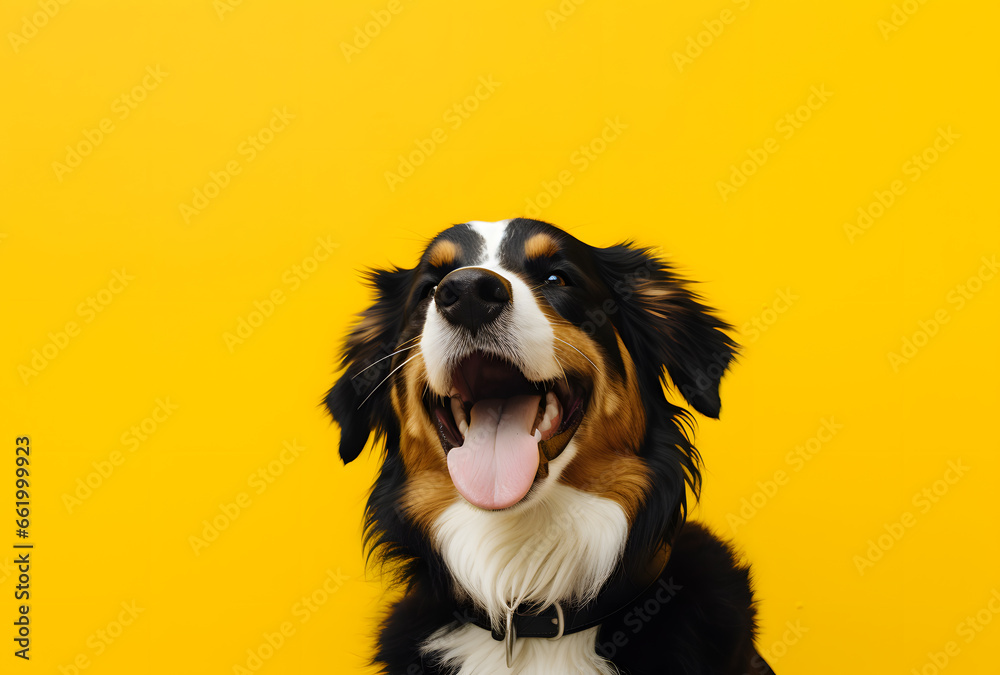 Portrait of a happy smiling Bernese Mountain Dog on a yellow background
