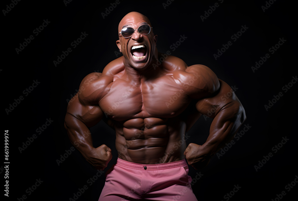 Shirtless bodybuilder with sunglasses flexing his muscles on a black background